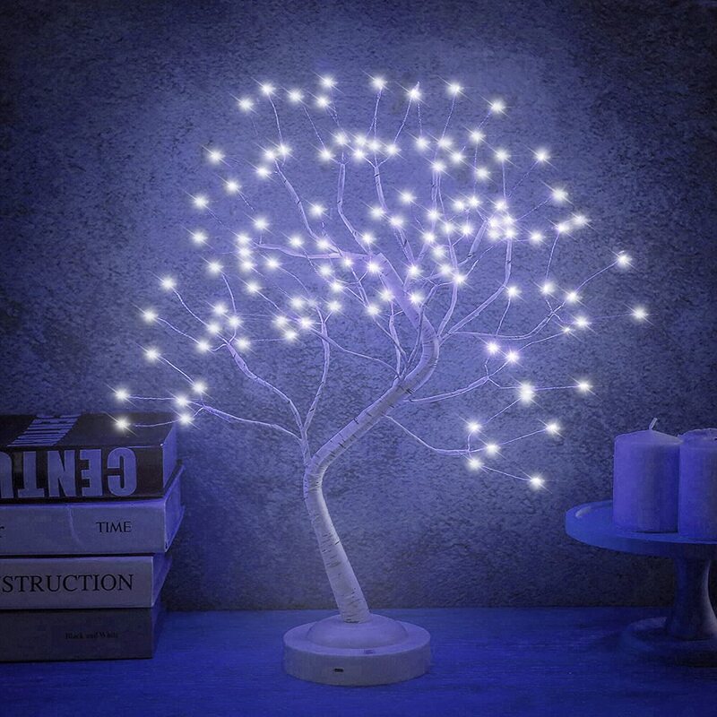 LED 자작 나무 탁상 분재 나무 야간 조명, 미니 크리스마스 트리 램프 8 모드 USB/배터리 침대 머리맡 장식 요정 야간 조명
