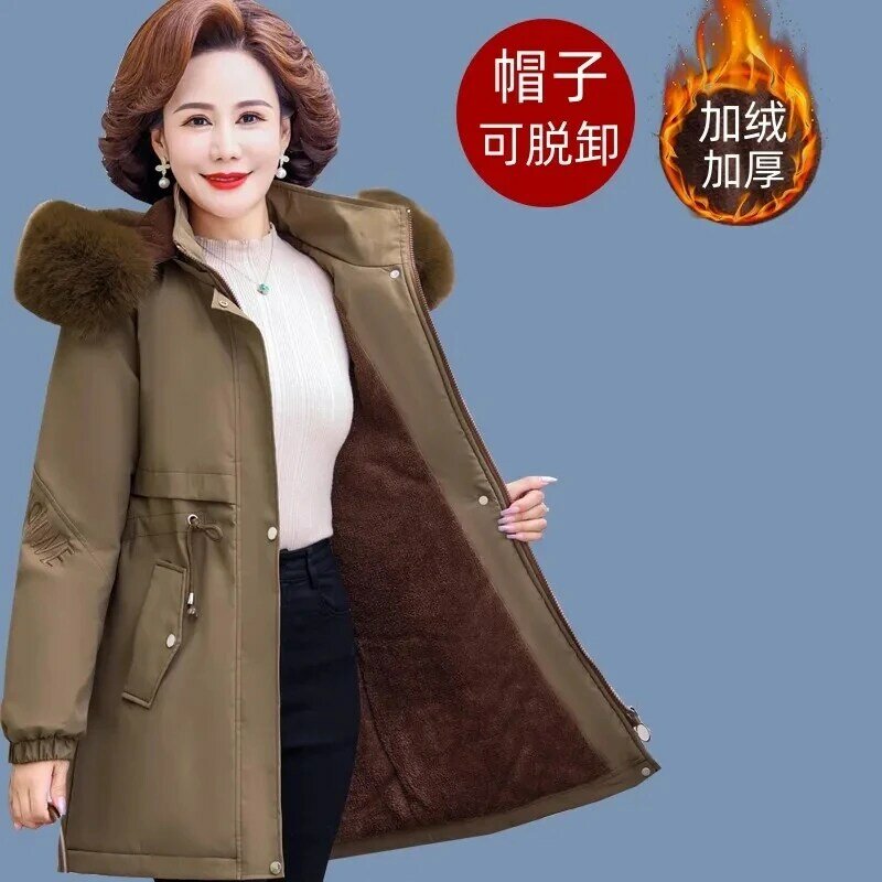 Parka madre di mezza età donna giacca staccabile in cotone con cappuccio autunno inverno nuovo cappotto spesso in peluche cappotto Casual di media lunghezza