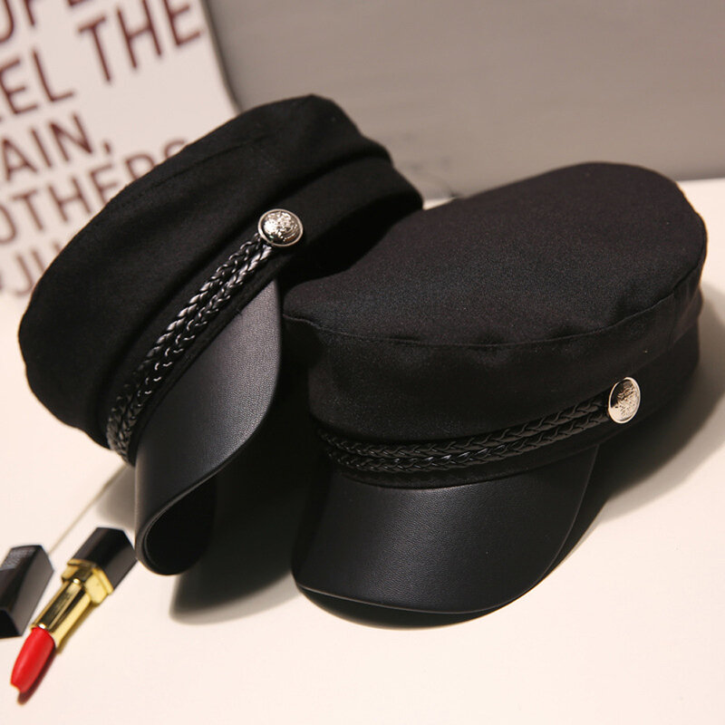 หมวกแก๊ปปีกแบนสำหรับเดินทางสีดำสำหรับฤดูใบไม้ผลิฤดูใบไม้ร่วงกัปตันหมวกเบเร่ต์หมวกกะลาสีหมวก Topi แปดเหลี่ยม