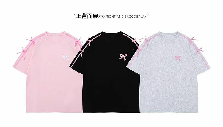 Camisa de manga curta solta feminina, versão coreana, fita com laço doce para menina, simples gola redonda, camisa casual feminina, INS, selvagem, maré
