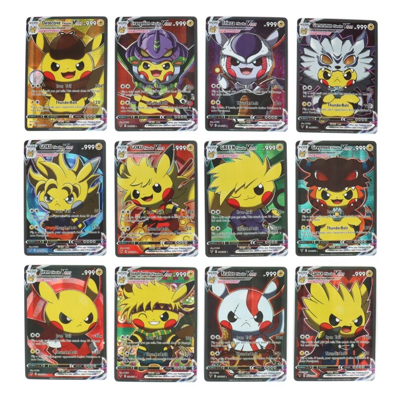 Carte Pokemon olografiche fai da te Pikachu Cosplay rufy Tanjirou One Piece Goku Eva Frieza personaggi Anime carta lucida inglese