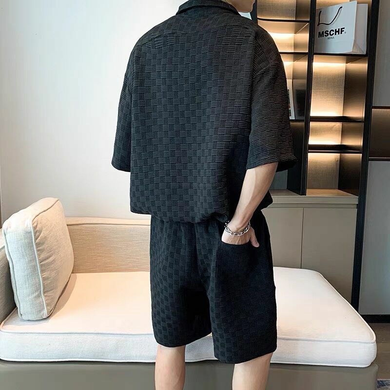 Summer Men Plaid  Shorts Sets Korea Fashion Short Sleeve Shirts + shorts Handsome 2 Piece Set Mens Mosaic Casual Chic Sportswear