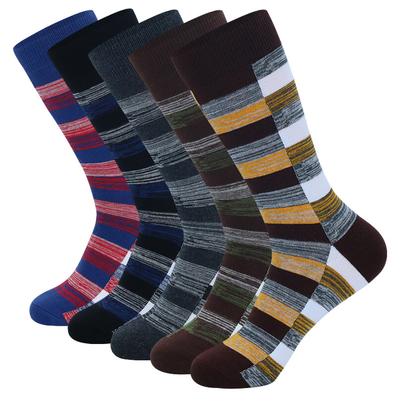 5 Paar Herren Kleid Socken Streifen plus Größe, hochwertige gekämmte Baumwolle Crew Socken, schwarze coole atmungsaktive Casual Socken für Männer