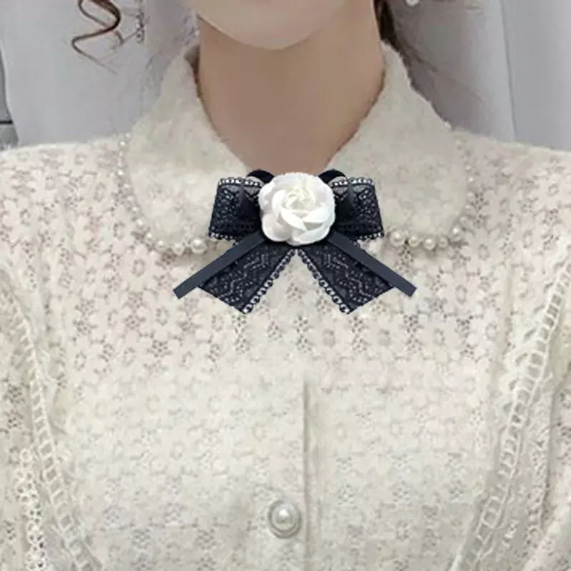 Camellia Bow Tie Women's Korean Version Small Fragrant Style Pin Black Lace Ribbon Bowtie Shirt Dress Collars Flower Accessories