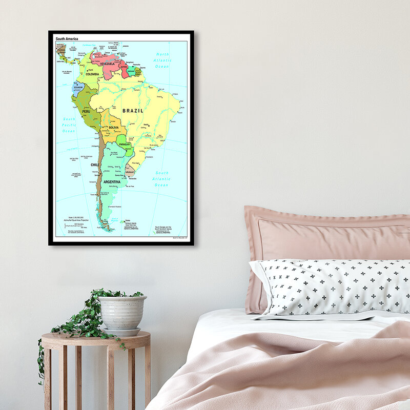 Póster de arte de pared con mapa de América del Sur en inglés, pintura en lienzo en aerosol, suministros escolares de viaje, decoración del hogar para sala de estar, 42x59cm