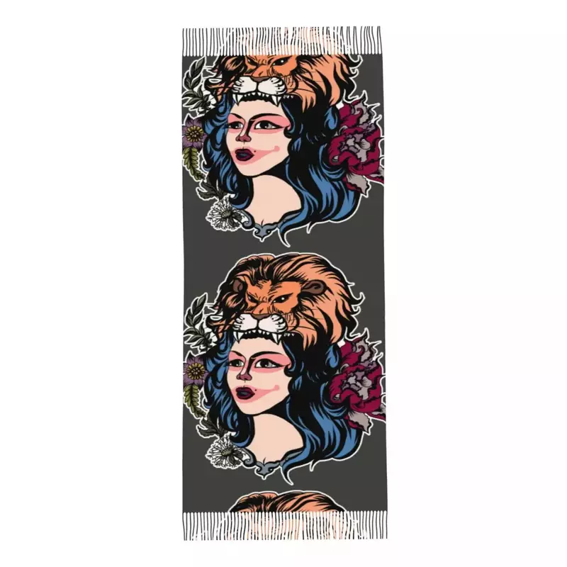 Personalized Printed Beautiful Girl With Lion Head Among Rose Long Pile Fringe Men Scarf Women'S Anti Chill 