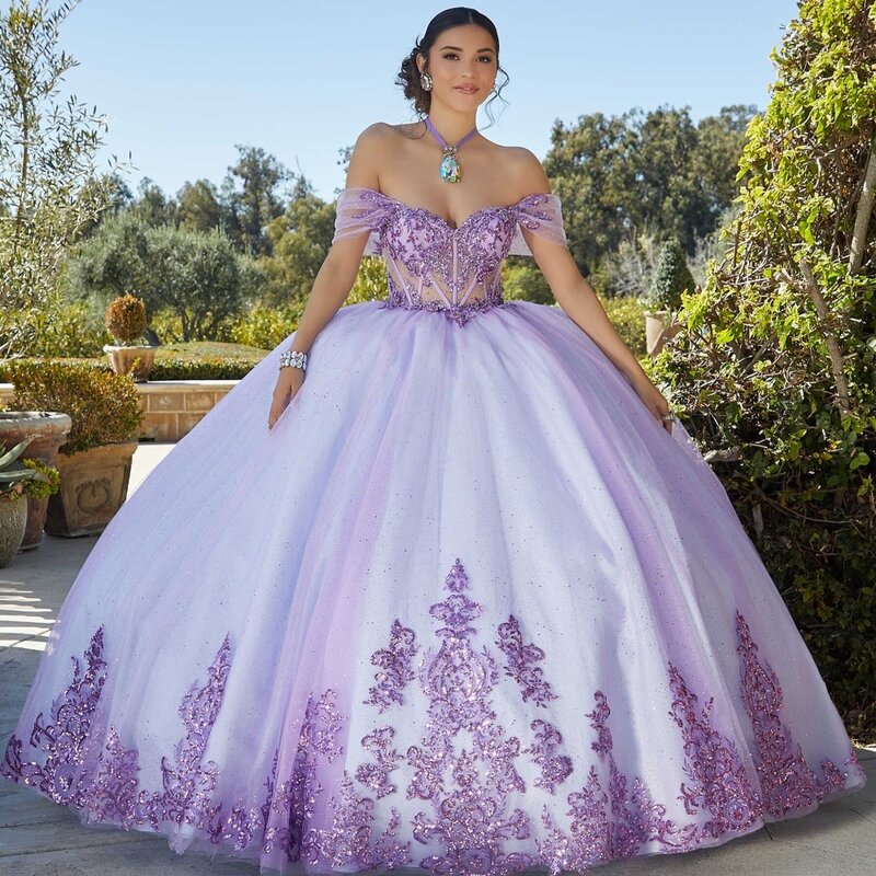 EVLAST Mexican Purple Off Shoulder Quinceanera Dress 2024 Floral Lace Applique Beading Sweet 16 Birthday Vestidos XV Años TQD096