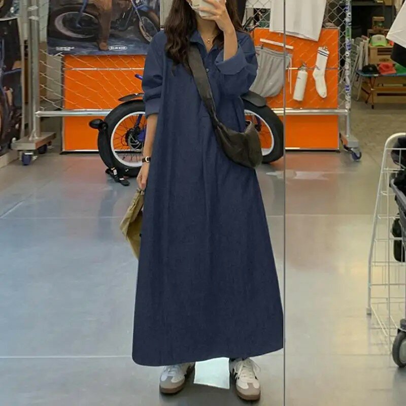 2024 Frauen lose Freizeit kleid Denim Farbe koreanische Vintage Kleid Robe Streetwear elegante Langarm solide Maxi kleid Vestidos