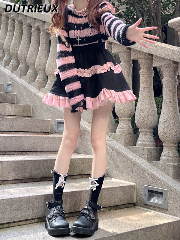 Lolita Kawaii conjuntos de saias femininas com babados, saia suspensor de cintura alta, terno plissado, novo, primavera e verão 2022