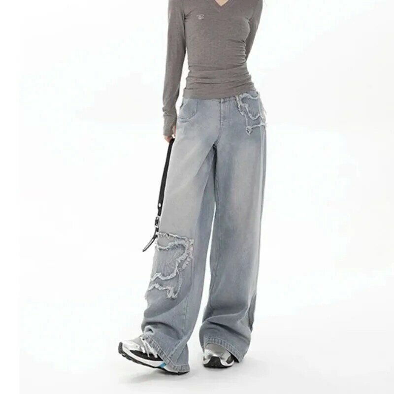 Jeans jeans de perna larga de cintura alta feminino, calças embelezadas, calças sense, moda retrô, design, outono