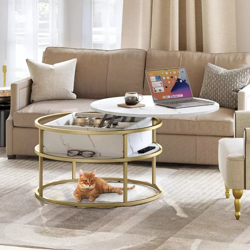 Круглый подъемный столик для журнального столика, с мраморным покрытием для гостиной, с шкафами для хранения, для дома и офиса, Круглый, белый