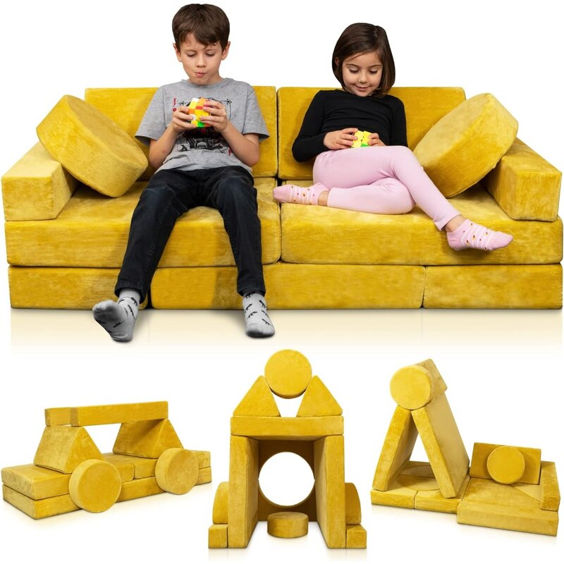 14pcs Modular Kids Play Couch, Child Sectional Sofa, Fortplay Bedroom and Playroom Furniture for Toddlers, Convertible