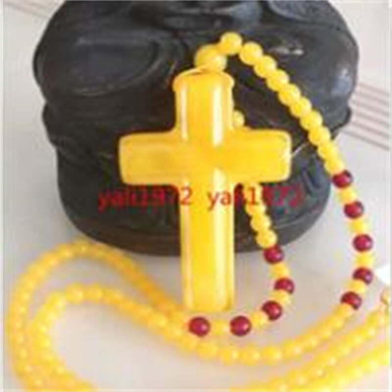 Natural Mexico Yellow Amber Beeswax Cross Pendants + Beads Necklace