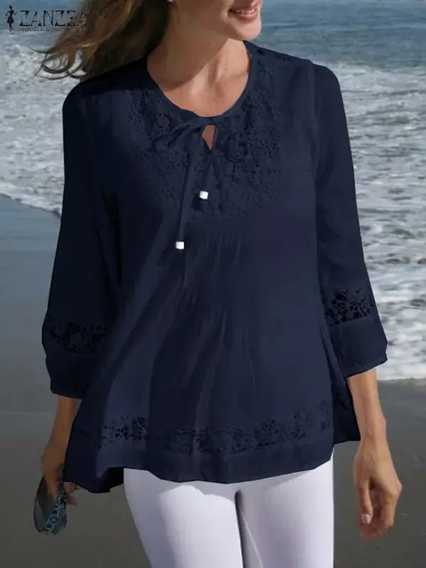 2024 nowych kobiet szydełkowa bluzka z koronką moda letnia koronkowy Top patchworkowy w stylu Casual koszule Casual 3/4 rękaw wydrążone bluzy tuniki