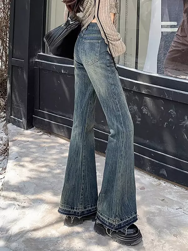 Джинсы женские свободные с высокой талией, винтажные шикарные классические брюки-клеш в американском стиле, Простые Модные джинсы с эффектом потертости, повседневная одежда на лето