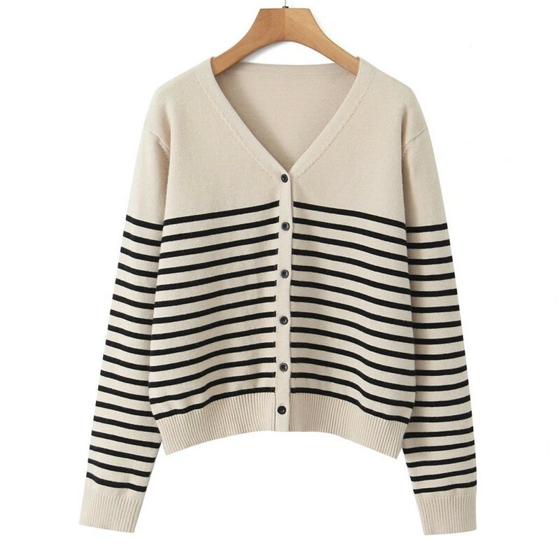 2023 Autumn Good Quality Clothes Women Cardigan Sweater Plus Size Casual Slim Striped V-Neck Single Breasted Knitwear Curve
