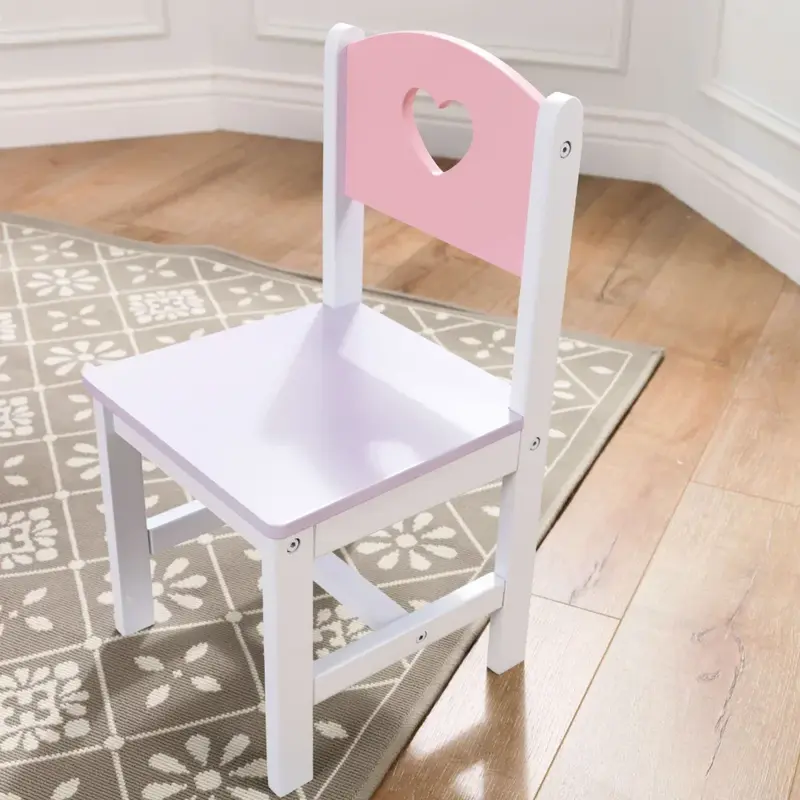 ชุดโต๊ะและเก้าอี้ไม้รูปหัวใจสีชมพูสีม่วงและสีขาว