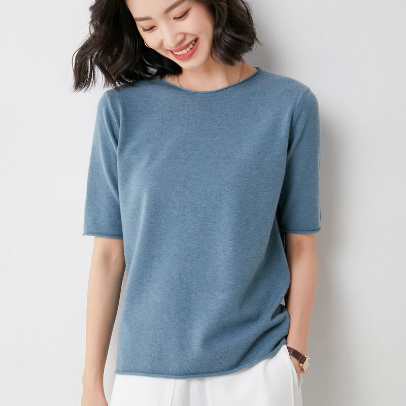 Camiseta holgada de manga de cinco cuartos para mujer, Jersey de punto de lana de media manga, traje con manga corta, cuello redondo enrollado