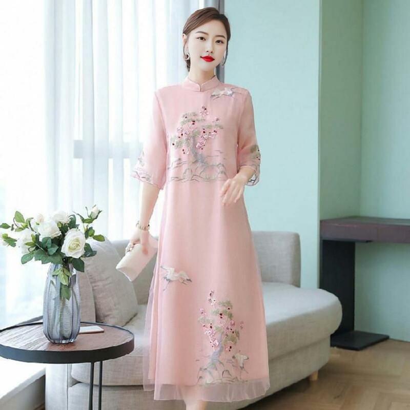 Деловое блестящее платье в китайском ретро-стиле с этнической вышивкой, элегантное Двухслойное миди-платье для банкета, официальное