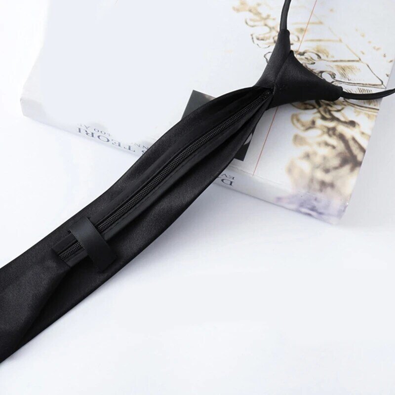 Corbata negra estilo Preppy 652F para hombres y mujeres con cremallera ajustable, corbata estrecha Color sólido preatada y