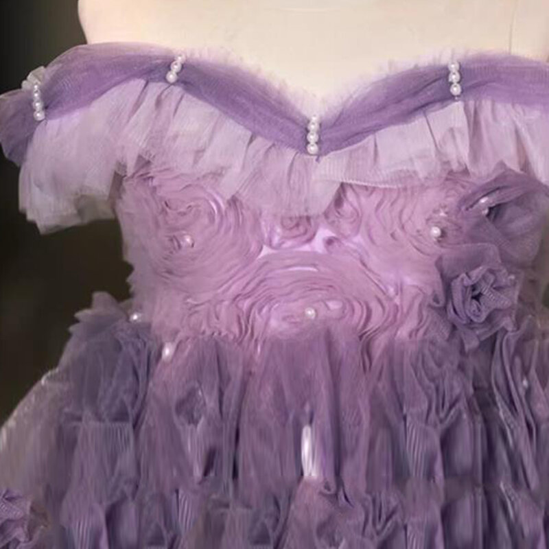 Фиолетовые великолепные платья с цветочным принтом для девочек, в пол, мягкое Тюлевое бальное платье, Многоярусное платье, Королевское Платье с открытой спиной и оборками, платье знаменитости