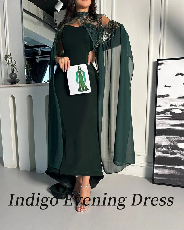 Indigo-vestido de noche de dos piezas sin tirantes para mujer, chal brillante, elegante, sirena, sin espalda, Formal, para fiesta, 2024