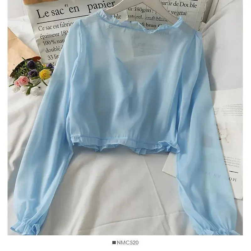 Kaus Lengan Panjang Tipis Bersirkulasi Wanita Blus Kardigan Renda Busur Pakaian Blus Pakaian Luar Perlindungan Matahari Ruffle untuk Penutup
