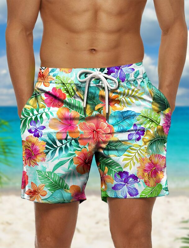 Bañador corto con cordón para hombre, traje de baño con estampado gráfico de flores, Floral, secado rápido, informal, Hawaiano, para vacaciones