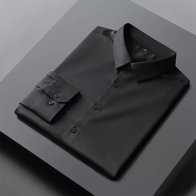 Camisa de seda gelo cinza de manga comprida masculina, roupa de trabalho, sem ferro, anti-rugas, roupa do noivo, high-end