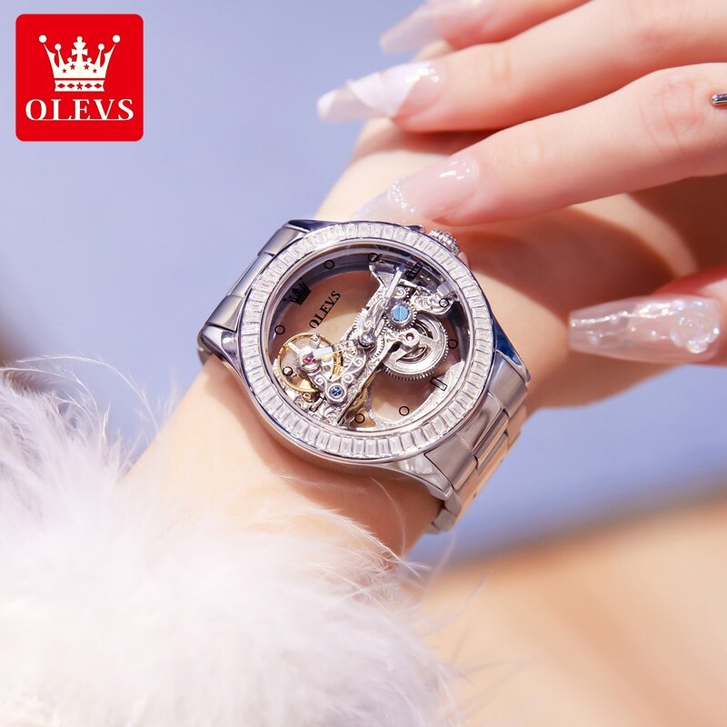 OLEVS 최고 브랜드 여성용 시계, 풀 할로우 뚜르비옹, 자동 기계식 패션, 야광 방수 손목 시계