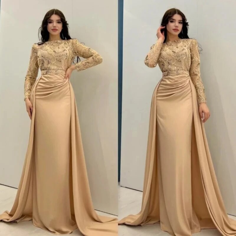 Exquisite long sleeved dance dress for formal occasions, mermaid shawl, floor dragging satin evening dress 2024