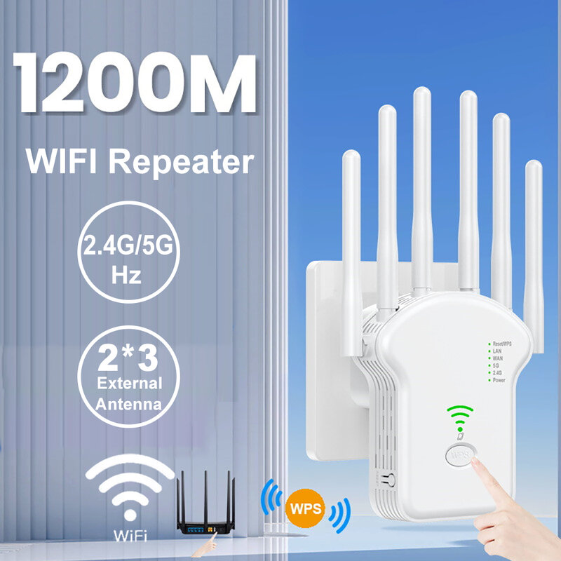 Repetidor de Sinal WiFi Sem Fio, 1200Mbps, Extensor, Alto Ganho, 6 Antena, Banda Dupla, 2.4G, Amplificador de Rede 5G, Roteador WPS