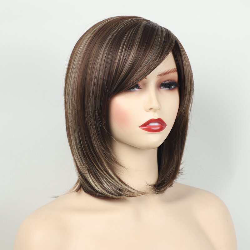 Women's Fashion Bob Hair Short Brown Bob Wigs with Side Bangs Straight Synthetic Ombre Hair Costume Party Wig for Mommy