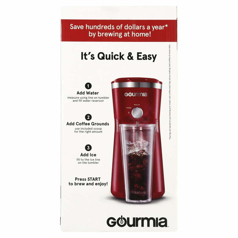 Gourmia 아이스 커피 메이커, 25 플로즈, 재사용 가능한 텀블러, 레드