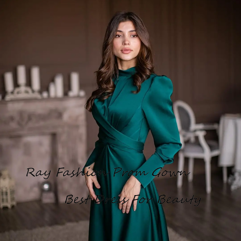 Simple A Line Prom Dress Satin High Neck With Long Puff Sleeves Ankle Knee Length Modest Formal Party Gowns For Women