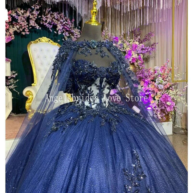Angelsbridep-Robe de RhQuinceanera bleu marine avec cape, robes de princesse de luxe, fête d'anniversaire, 15 ans, 2024