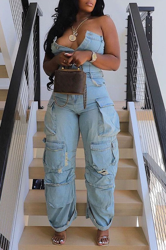 Plus Size Mode Streetwear Denim Jumpsuit Dames Losse Broek Jumpsuit Plus Size Multi-Pocket Strapless Jeans
