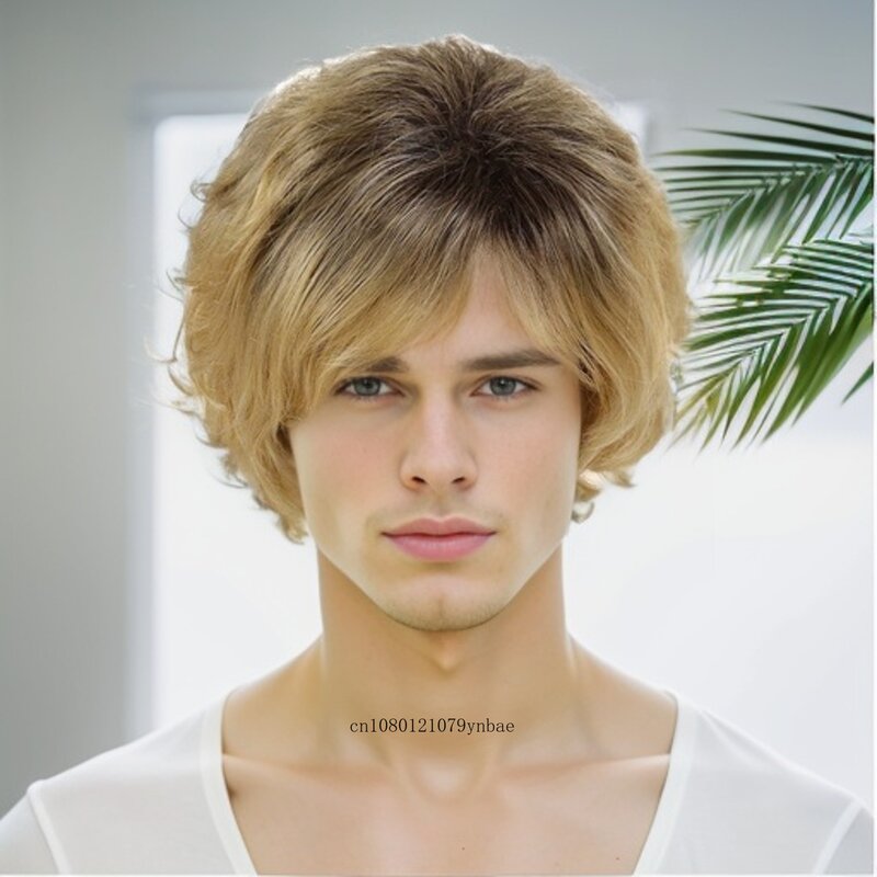 Short Curly Wig with Bangs Synthetic Hair Ombre Light Blonde Wigs for Men Male Daddy Wig Old Man Daily Costume Heat Resistant