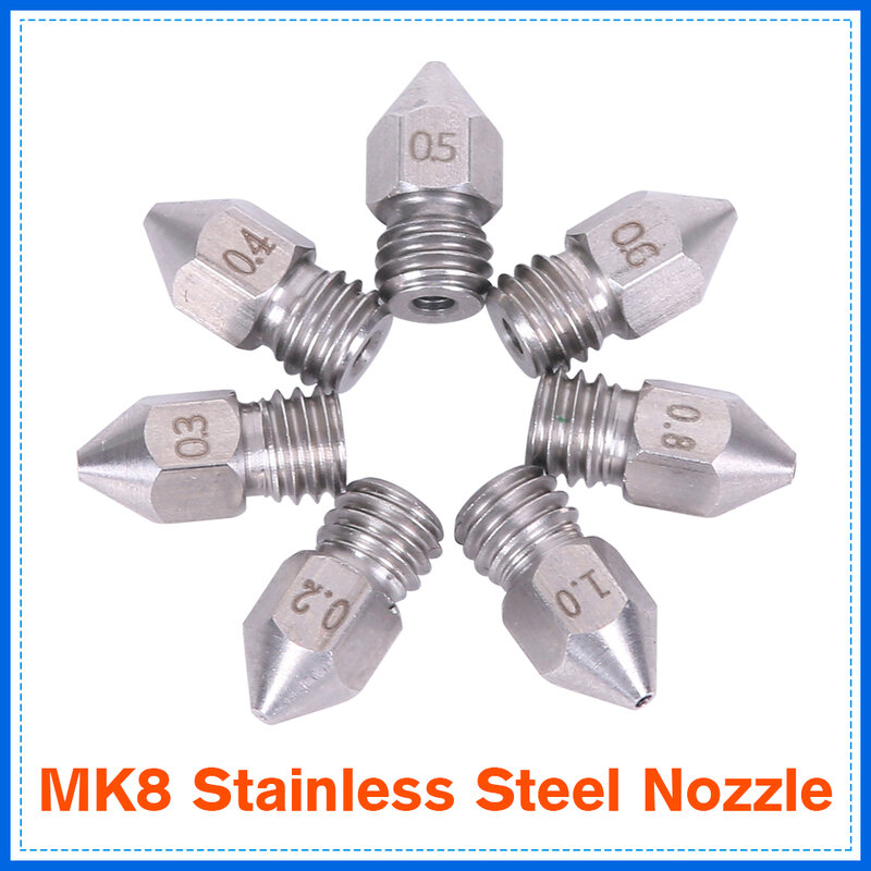 MK8 깍지 스레드 스테인리스 스틸, 1.75mm 필라멘트 3D 프린터 압출기 프린트 헤드용, 0.2mm, 0.3mm, 0.4mm, 0.5mm, 0.6mm, M6