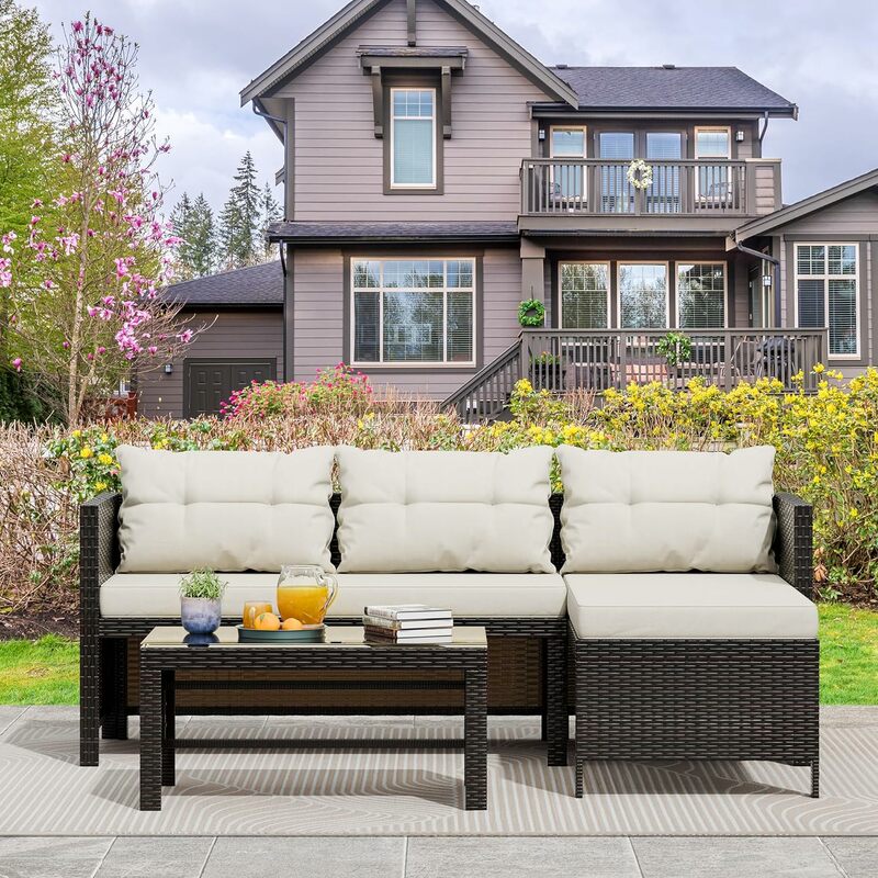 Patio Furniture Set 3 Pieces, Outdoor Patio Sectional Sofa, Weaving Wicker Rattan All Weather Patio Seating Sofas