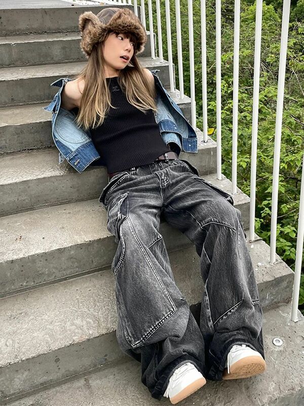 American high street hiphop retro distressed workwear jeans per uomo e donna design primaverile multi-pocket floor mopping pants