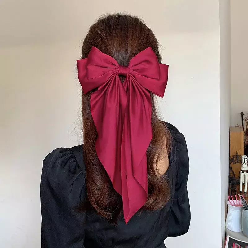 Korean Accessories Hair Clips for Women Girls Big Bowknot Solid Satin Long Ribbon Bows Spring Clamp Barette Cheveux Femme 2023