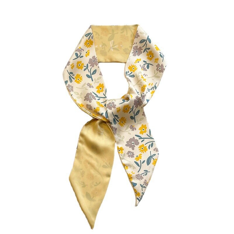 Bufanda de seda blanca y amarilla para mujer, cinta estrecha para el cabello, corbata para el cabello, decoración de bolso, bufanda larga de alta gama, primavera y verano