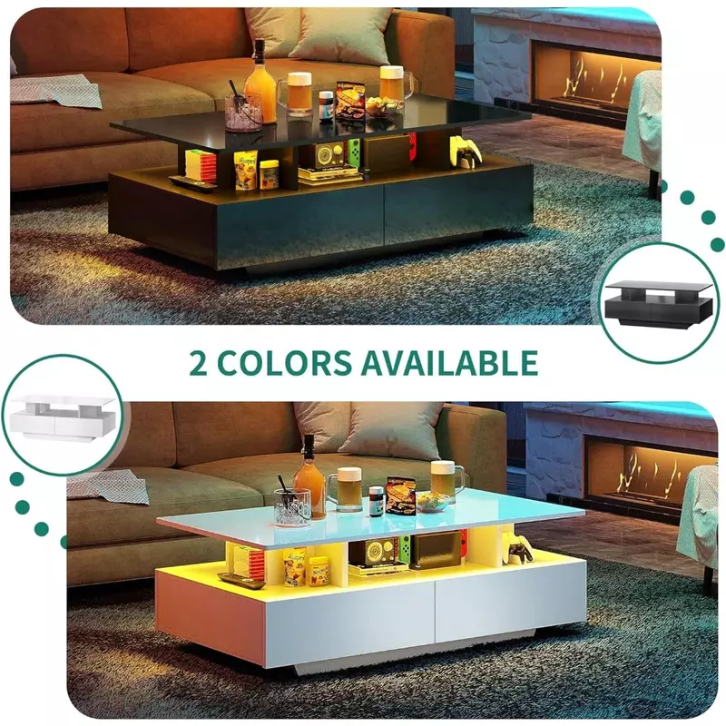 LED-Couch tisch mit Stauraum, Wohnzimmer Hochglanz, kleiner zentraler Tisch mit offenen Verkaufs regalen und Schiebe schubladen
