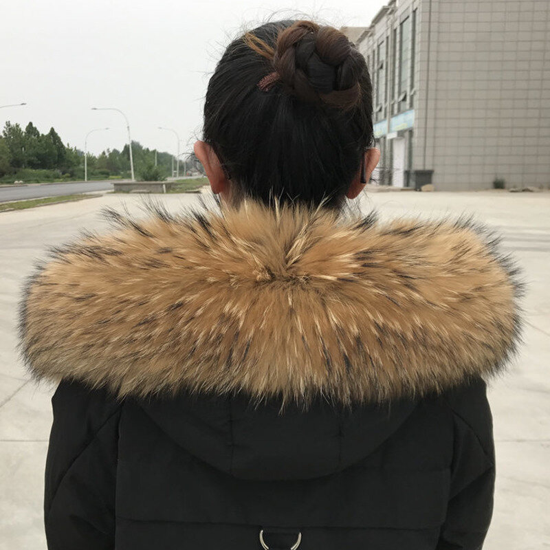 Cuello de piel de mapache Real para mujer, bufanda de piel Natural cálida de lujo, decoración de capucha de piel de invierno para abrigo, chaquetas, chales de piel auténtica, negro