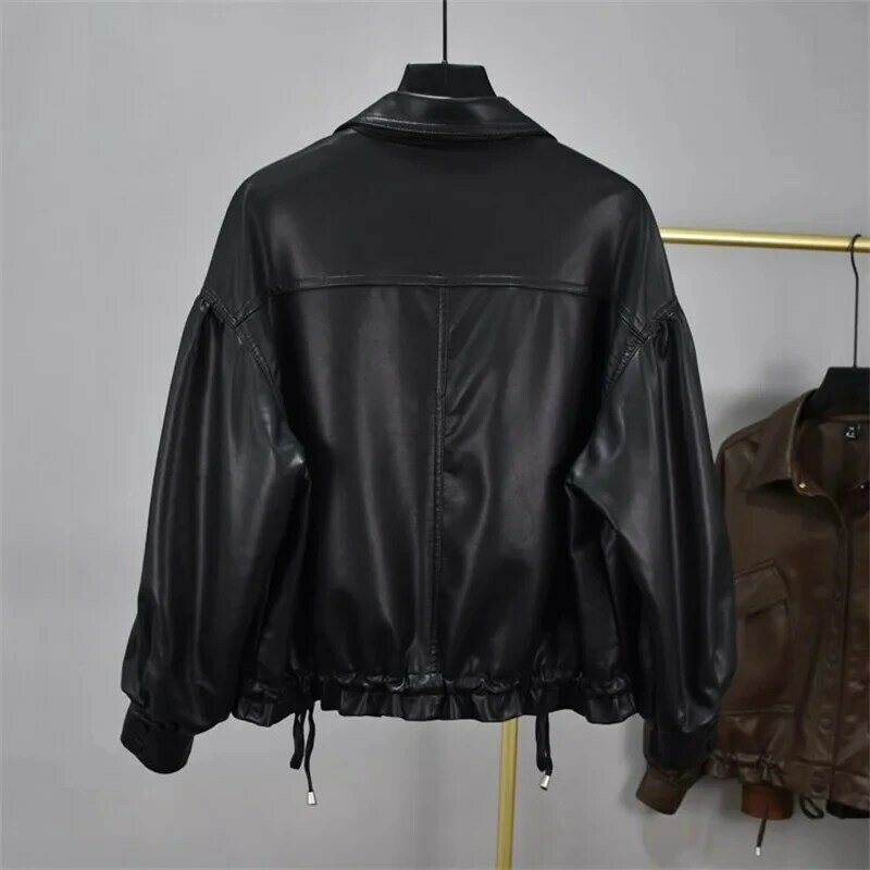 Демисезонная Европейская мода, женская маленькая кожаная куртка из искусственной кожи, новинка 2024, короткая верхняя одежда, мотоциклетное пальто на шнуровке, Женское пальто