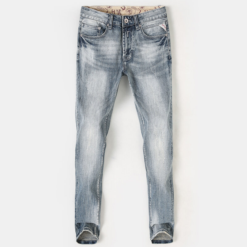Nowo designerskie modne dżinsy męskie wysokiej jakości Retro szaro-niebieskie elastyczne rozciągliwe dopasowanie porwane jeansy mężczyzn w stylu Vintage spodnie dżinsowe Hombre