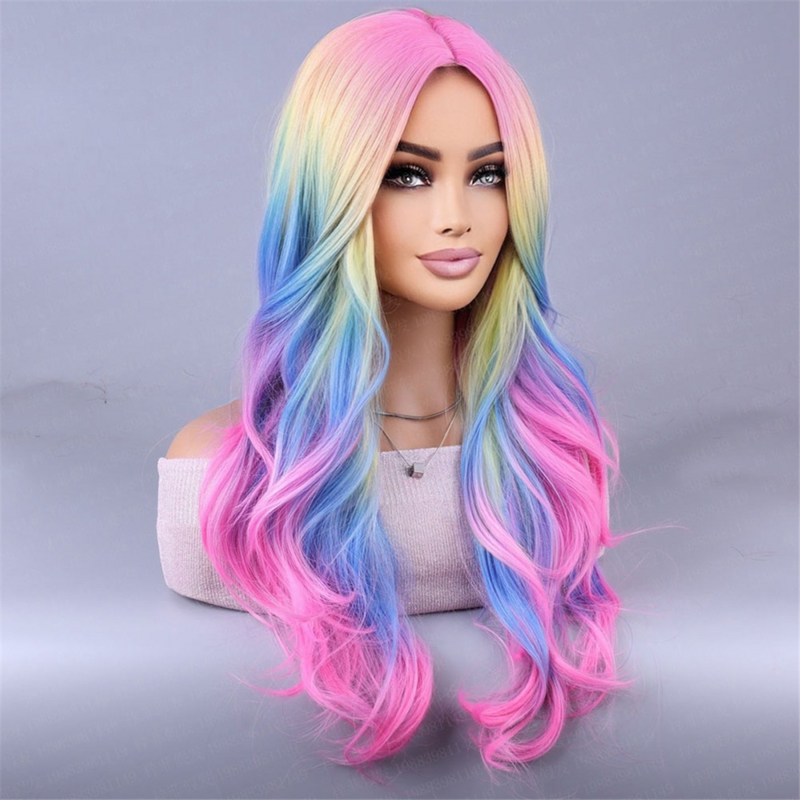 Peluca colorida de arcoíris, peluca de Cosplay europea y americana con flecos, simulación de cuero cabelludo, fiesta, Festival de fantasmas