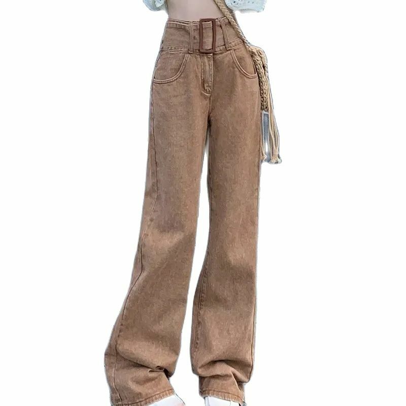 Pantalones vaqueros Retro americanos para mujer, Jeans de cintura alta, diseño de otoño e invierno, sentido de nicho, marrón, recto, tendencia de calle alta