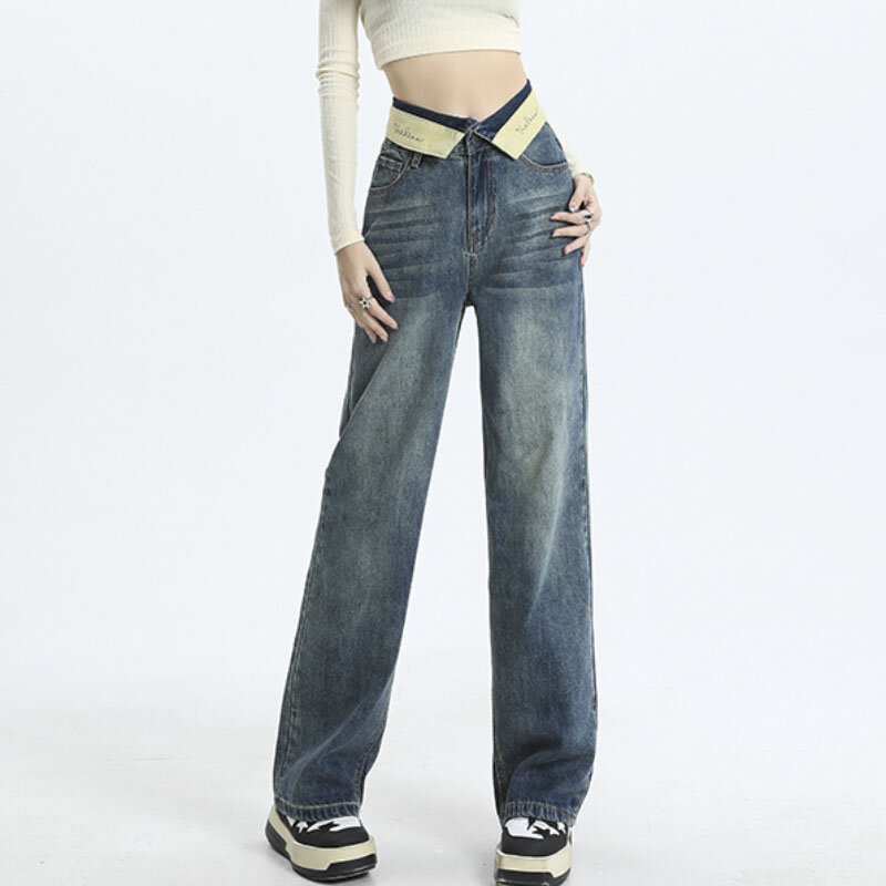 Женские винтажные мешковатые джинсы Y2K в Корейском стиле Харадзюку, прямые широкие брюки с высокой талией, джинсовые брюки